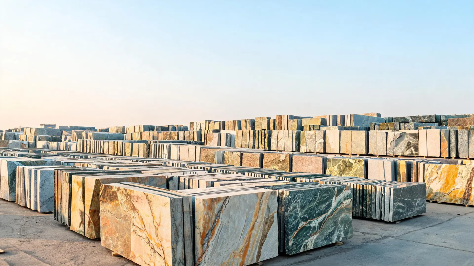 Pátio com blocos de granito e mármore polidos, de veios ocre, verdes e cinza, prontos para exportação